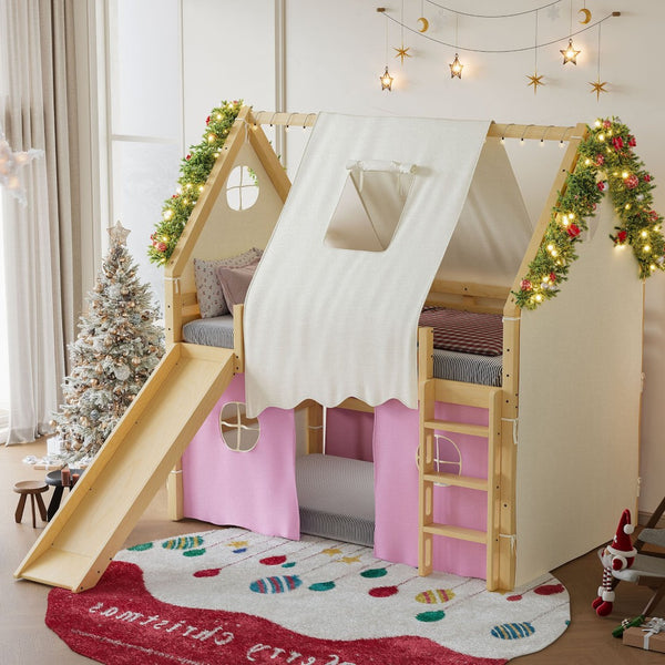 English Elm Full Size Pine Loft Bed with Slide Tent Panels Led Lights and Play Space Below W1580S00291