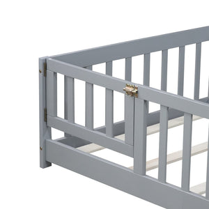 English Elm Twin Solid Rubberwood Floor Bed with Full Perimeter Safety Rails for Toddler Rooms Grey W504P296776