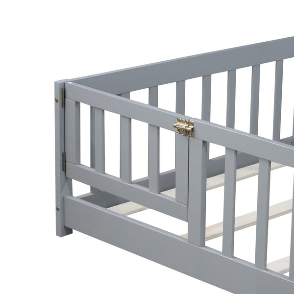 English Elm Twin Solid Rubberwood Floor Bed with Full Perimeter Safety Rails for Toddler Rooms Grey W504P296776