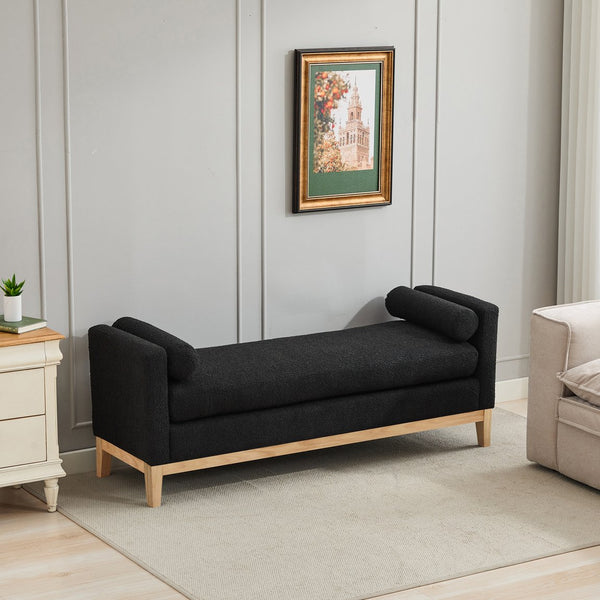 English Elm 66.34"W Elegant Upholstered Bench & Daybed, Soft Black Boucle, Natural Wood Legs & Bolster Pillows W3188S00019