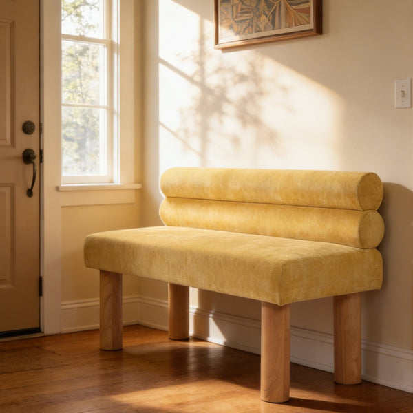 English Elm Upholstered Dining and Entryway Bench with Rubberwood Legs Padded Seat 300 Lb Capacity Natural,Yellow N779P371712Y