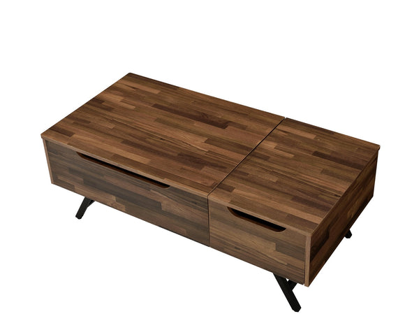 English Elm Throm Walnut Lift-Top Coffee Table with Hidden Storage, Drawer & Metal Legs — Modern Industrial Chic B2726P251273