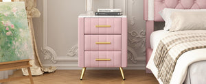 English Elm Upholstered Velvet Nightstand with Faux Marble Top Three Drawers and Slim Metal Legs Pink N733P208520H