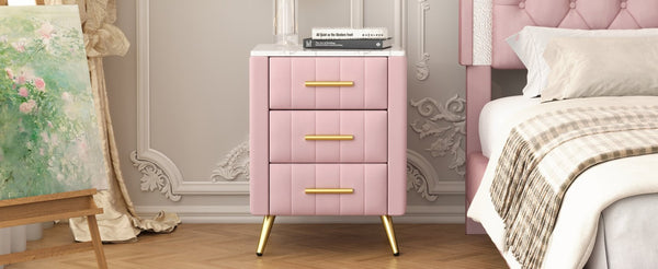 English Elm Upholstered Velvet Nightstand with Faux Marble Top Three Drawers and Slim Metal Legs Pink N733P208520H