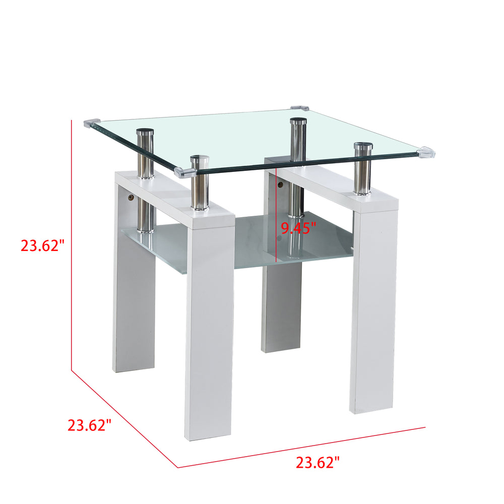 English Elm Clear Glass Top Side Table with Frosted Shelf, 24" Modern End Table, White High-Gloss MDF, 220lb Capacity W1311P153475