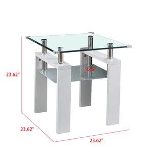 English Elm Clear Glass Top Side Table with Frosted Shelf, 24" Modern End Table, White High-Gloss MDF, 220lb Capacity W1311P153475