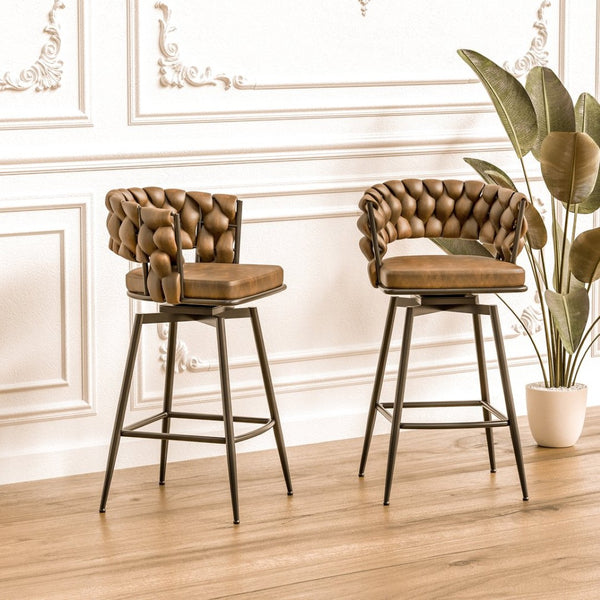 English Elm 28" Woven Leather Swivel Barstools with Arms Padded Back Industrial Kitchen Set of 2 W3732P418929