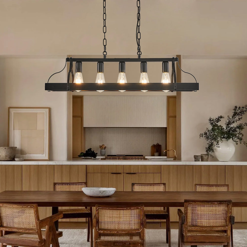 English Elm 34-Inch Industrial Pendant Light with 5 E26 Sockets, Adjustable Chain, Iron Linear Chandelier for Kitchen Matte Black W2312P374832