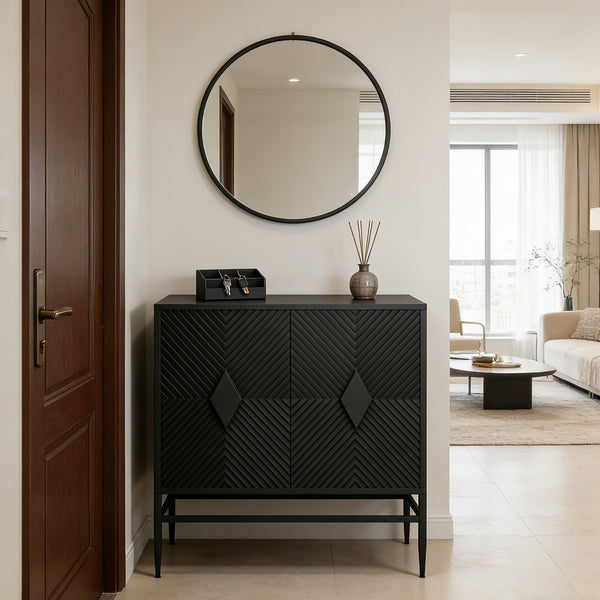 English Elm 31.50" Fluted Two Door Black Cabinet with Metal Legs for Entryway or Living Room W1435P206312
