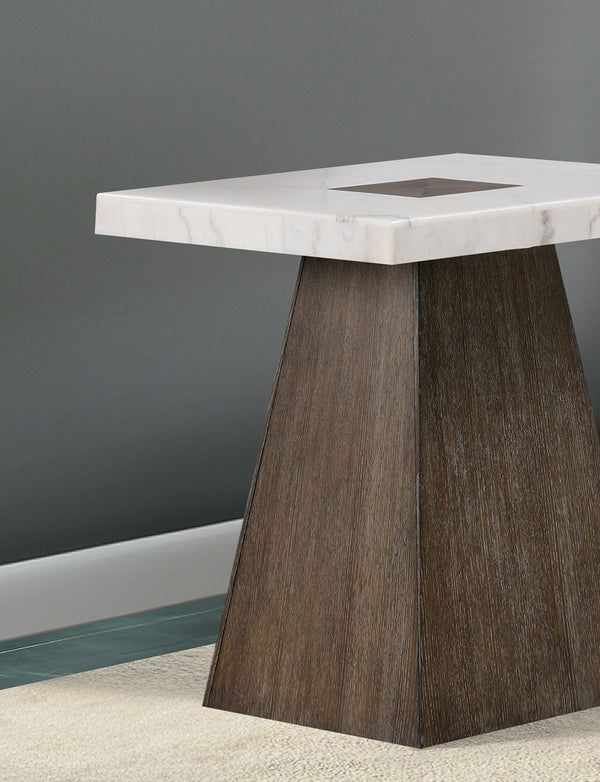English Elm Square Grasten End Table 22" Square Marble Top Wood Base Tapered Legs Dark Walnut White Finish B2741P360172