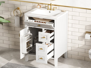 English Elm "24'' 24 Inch Glossy Freestanding Bathroom Vanity with Gold Hardware and Soft Close Storage White Rubberwood N725P448529K