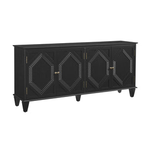 English Elm 65.2" Mid Century Sideboard Buffet with Fluted Geometric Doors, Spacious Adjustable Shelves & Brass Accents Black W1801P346229