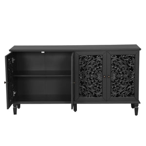 English Elm 60" Hand-Carved Floral Buffet Cabinet with Solid Wood Legs, Brass Handles, Adjustable Shelves, TV Stand Black W1445P321199
