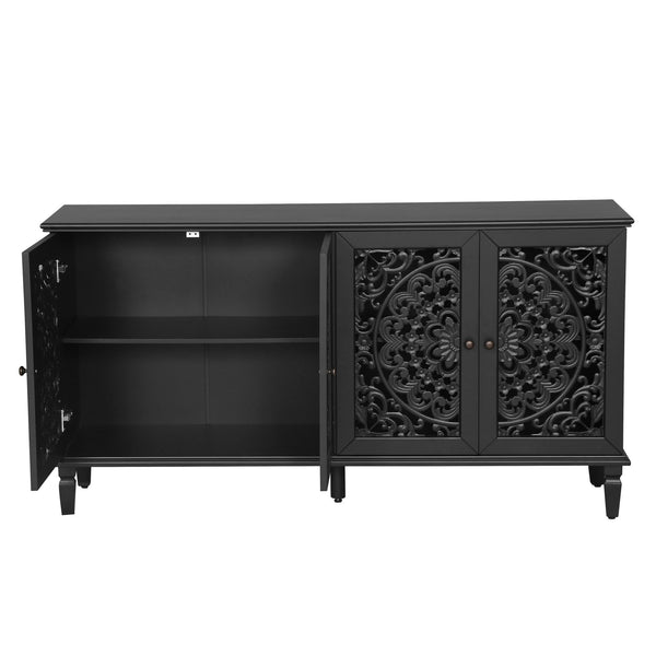 English Elm 60" Hand-Carved Floral Buffet Cabinet with Solid Wood Legs, Brass Handles, Adjustable Shelves, TV Stand Black W1445P321199