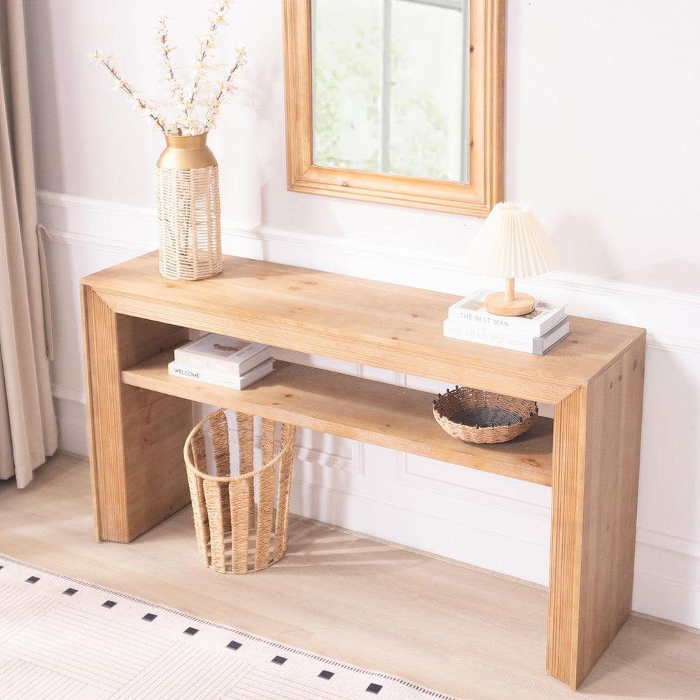English Elm Rustic Farmhouse Console Table with Open Shelf Natural Wood Grain Entryway Accent W2729P270743