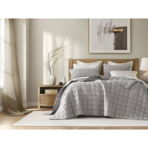 English Elm 3-piece French Linen Quilt Set Garment Washed Breathable Box Stitched Bedding Gray B035P408299
