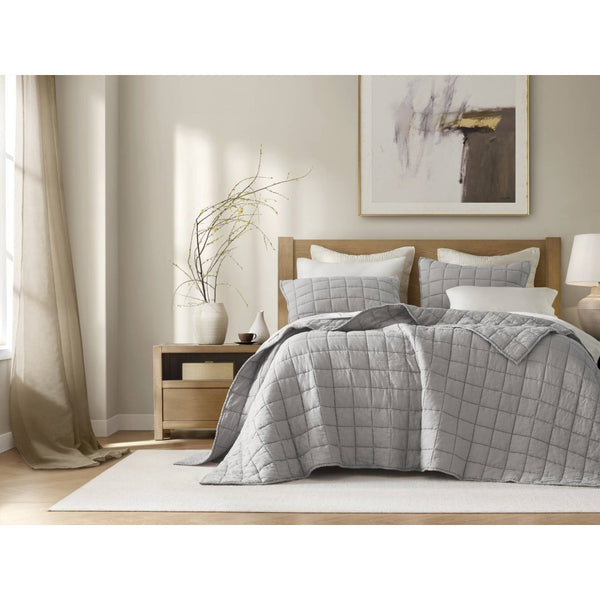 English Elm 3-piece French Linen Quilt Set Garment Washed Breathable Box Stitched Bedding Gray B035P408299