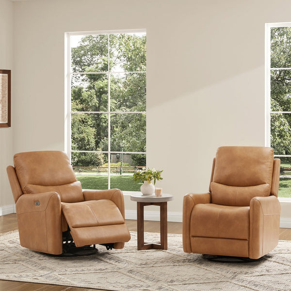 English Elm Jennifer Taylor Home - Dublin 30" Swivel Power Recliner Arm Chair in Saddle Faux Leather with 360° Base and Plush Foam Support Brown B2719P328580