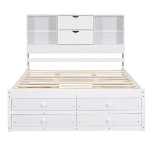 English Elm Queen Platform Bed with Built-In Headboard Storage and 8 Drawers, Solid Wood MDF, Sturdy Design White GX000453AAK