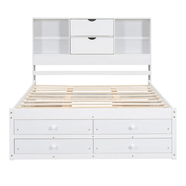 English Elm Queen Platform Bed with Built-In Headboard Storage and 8 Drawers, Solid Wood MDF, Sturdy Design White GX000453AAK