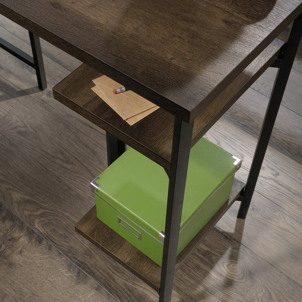 English Elm L-Shaped Desk: Stylish Brown Finish With Adjustable Shelves And Hidden Compartments For Versatility B356P367890