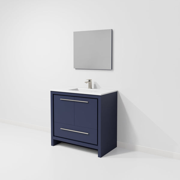 English Elm Navy Blue Single-Sink Vanity Set With White Quartz Top, Gun Metal Faucet & 28" Mirror For Modern Baths B2731S02065