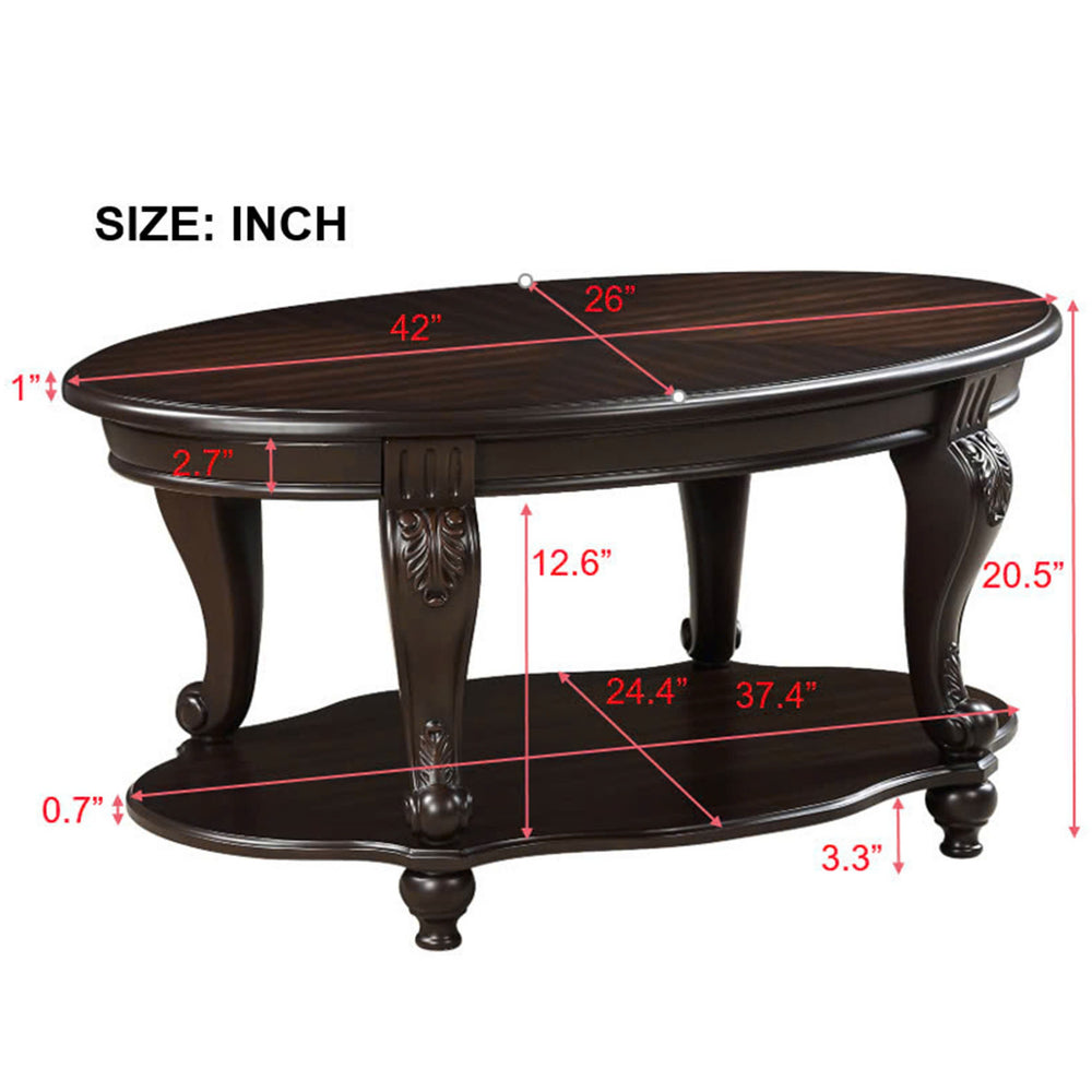 English Elm 42'' Oval Wood Coffee Table with Distressed Finish, 2-Tier Open Shelf, Heat-Resistant Veneer, Easy Assembly W1202P218090