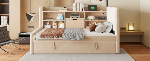 English Elm Twin Upholstered Daybed with Pull-Up Trundle, Velvet High Back with Shelves, Flip Storage & USB Beige SF000194AAA