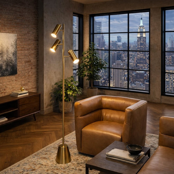 English Elm Lumina Brushed Gold Triple Spotlight Floor Lamp with Adjustable Cone Heads for Any Room B183P231758