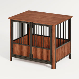 English Elm 31.5'' Walnut Fluted Wood Dog Crate Doubles as End Table for Small Medium Breeds W1820P336033
