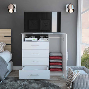 English Elm Baylon 4-Drawer 1-Shelf Dresser in White — Minimalist Concealed Drawers, Open Media Shelf, Compact Storage B062S00137