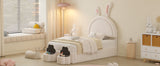 English Elm Twin Size Upholstered Rabbit-Shape Bed With 2 Storage Stools, Velvet Platform Bed With Cartoon Ears Shaped Headboard, White