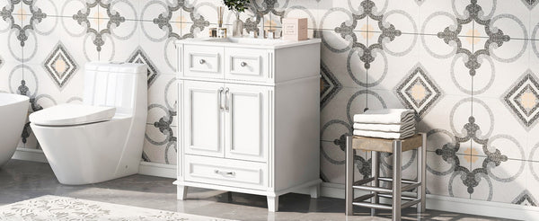 English Elm 24'' Retro Bathroom Vanity Solid Rubberwood Frame Ceramic Sink Soft Close Storage White N710P405405K