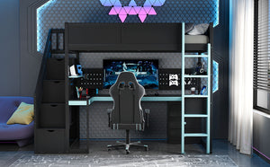 English Elm Full Size Gaming Loft Bed with Led Lighting Desk Shelves and Usb Charging Ports N820S00070C