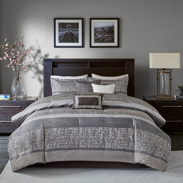 English Elm 7 Piece Jacquard Comforter Set Luxury Rhapsody Grey Taupe Cal King with 3 Decorative Pillows & Bedskirt, Machine Washable Elegance B03596940