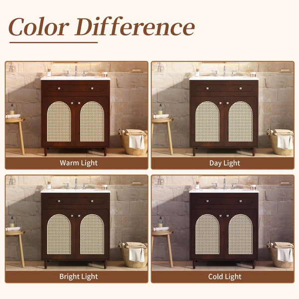 English Elm 30" Rattan Front Bathroom Vanity Solid Pine Cabinet with Ceramic Sink and Adjustable Shelf Walnut N710P293988P