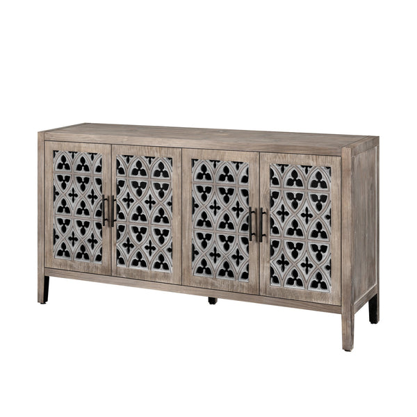English Elm Hollow Four Door Wooden Cabinet with Floral Carved Doors, Slim Console Sideboard for Living Room TV Storage Antique brown W1445P146390