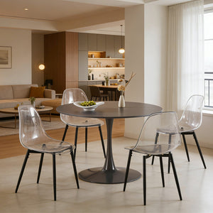 English Elm 42.1" Round Marble Look Pedestal Dining Table Mid Century Modern Seats Six Grey W234P453953