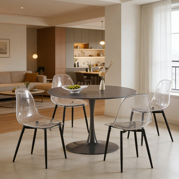 English Elm 42.1" Round Marble Look Pedestal Dining Table Mid Century Modern Seats Six Grey W234P453953