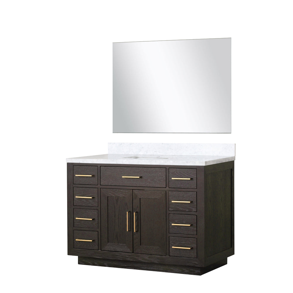 English Elm Brown Oak Single Bath Vanity Set With Carrara Marble Top & 46" Frameless Mirror For Elegant Spaces B2731S01401