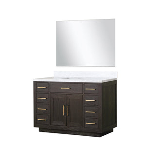 English Elm Brown Oak Single Bath Vanity Set With Carrara Marble Top & 46" Frameless Mirror For Elegant Spaces B2731S01401