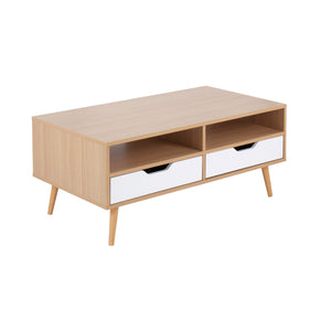 English Elm Astro Natural Wood Coffee Table with White Drawers — Contemporary Storage, Pull-Out Drawers, Durable Finish B202P223407