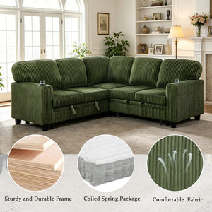 English Elm L-shaped Sectional Sleeper Sofa with Hidden Storage Usb Charging Corduroy Upholstery Olive Green W1998S00095