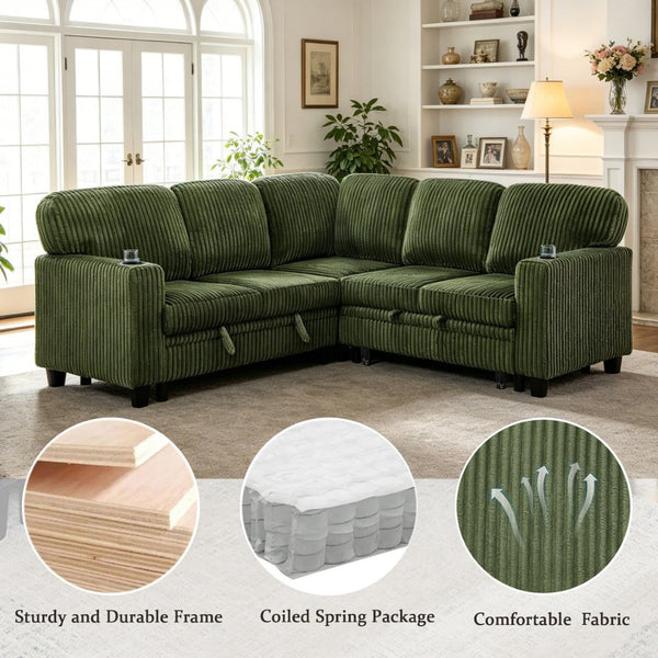 English Elm L-shaped Sectional Sleeper Sofa with Hidden Storage Usb Charging Corduroy Upholstery Olive Green W1998S00095