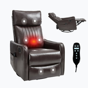 English Elm Blue Fabric Swivel Rocker Recliner with Massage Heat Nodes for Living Room Comfort Brown Pu W1803P321813