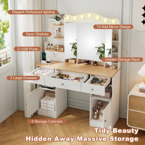 English Elm Vanity Desk With Adjustable Led Lights, Foldable Mirror, Ample Storage & Usb Power Strip - White Elegance W3767S00002-GIGA