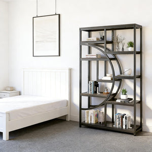 English Elm Geometric Nine Shelf Iron Frame Bookcase Rustic Industrial Freestanding Display Tower T3971P448087