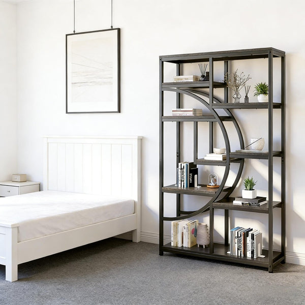 English Elm Geometric Nine Shelf Iron Frame Bookcase Rustic Industrial Freestanding Display Tower T3971P448087