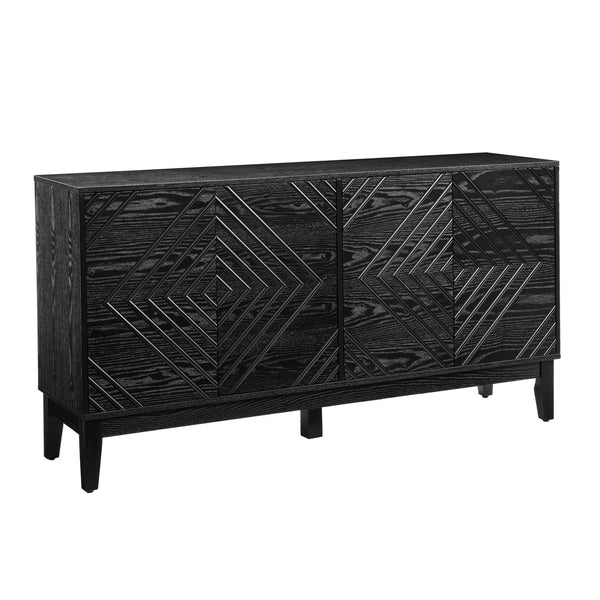 English Elm 60.5'' Buffet Cabinet with Fluted Geometric Doors, Mid-Century Sideboard with Adjustable Shelves & Outlet Holes Black W1801P288508