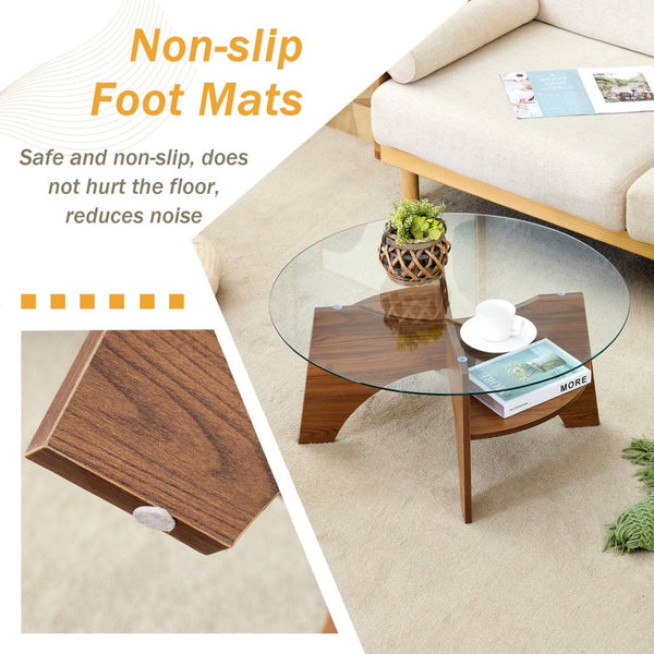 English Elm Round Tempered Glass Coffee Table with Fan Pedestal Base for Modern Living Rooms Transparent,Walnut W1151P256004